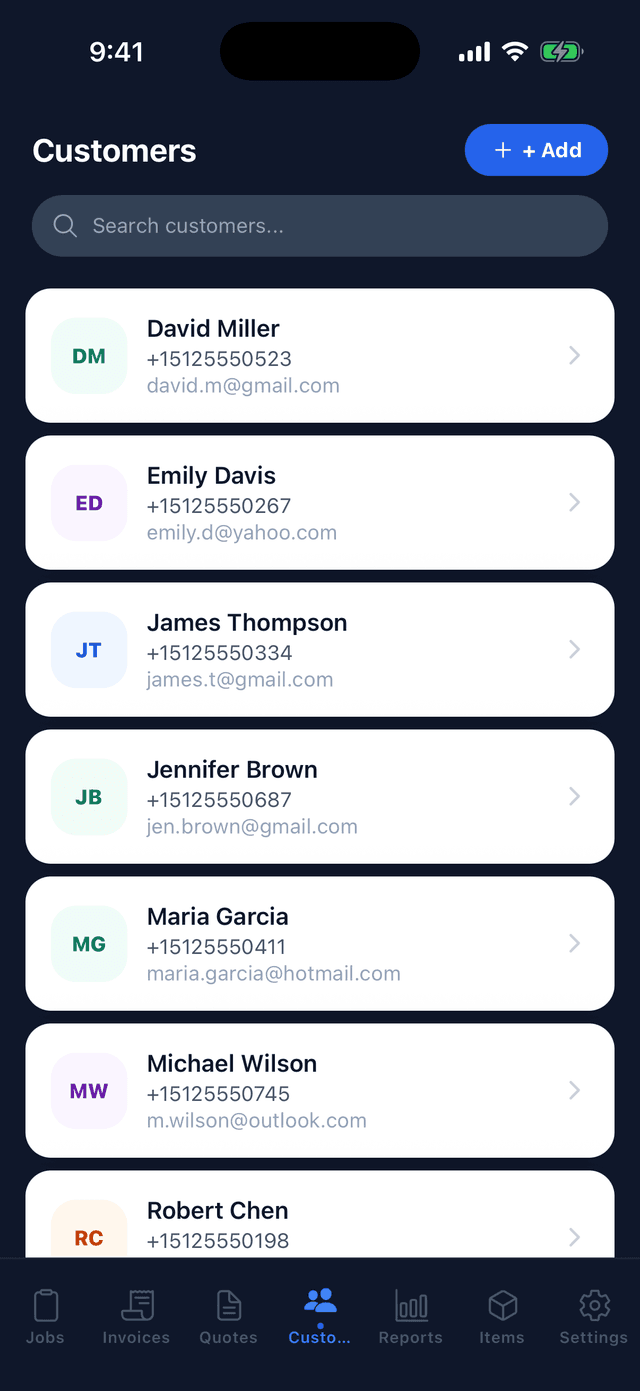 Customer management with contact details and job history