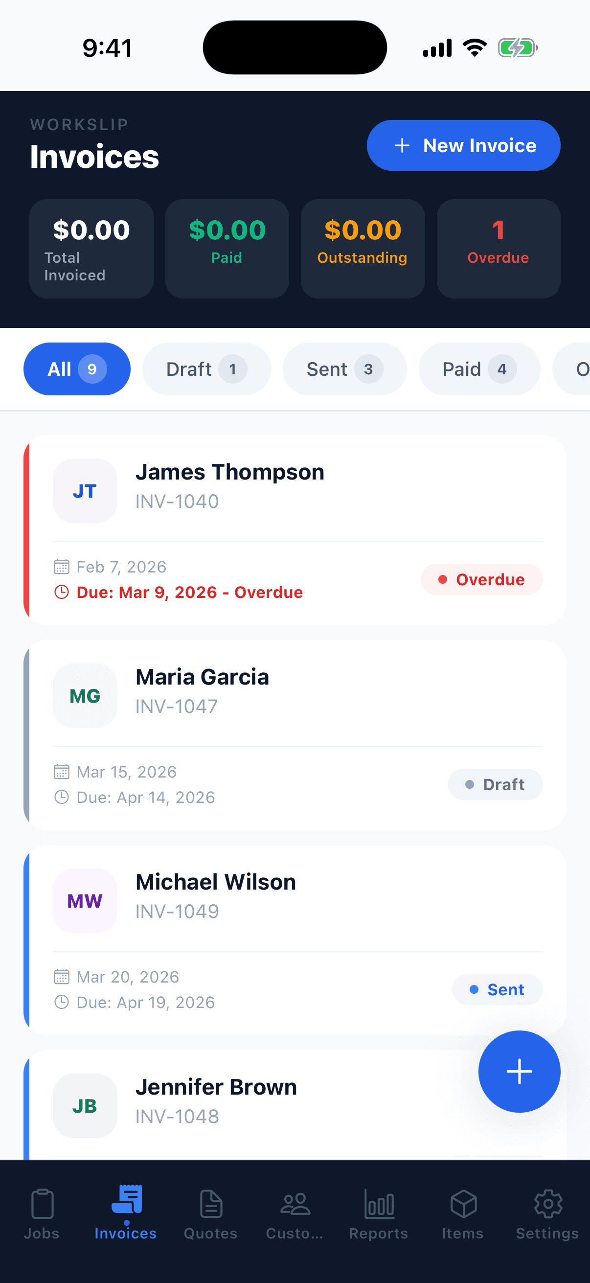 Workslip invoice management with status tracking