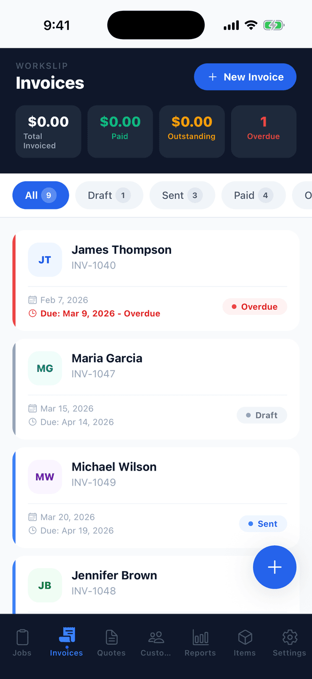 Invoice list with status tracking - draft, sent, paid, overdue