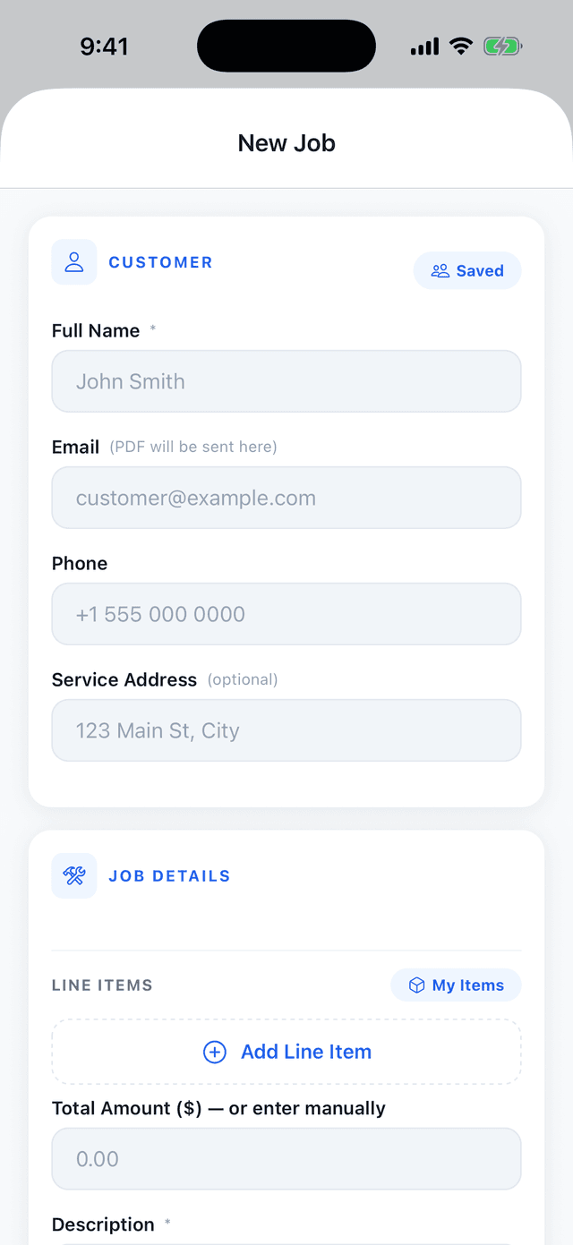 Creating a new job with customer details and line items